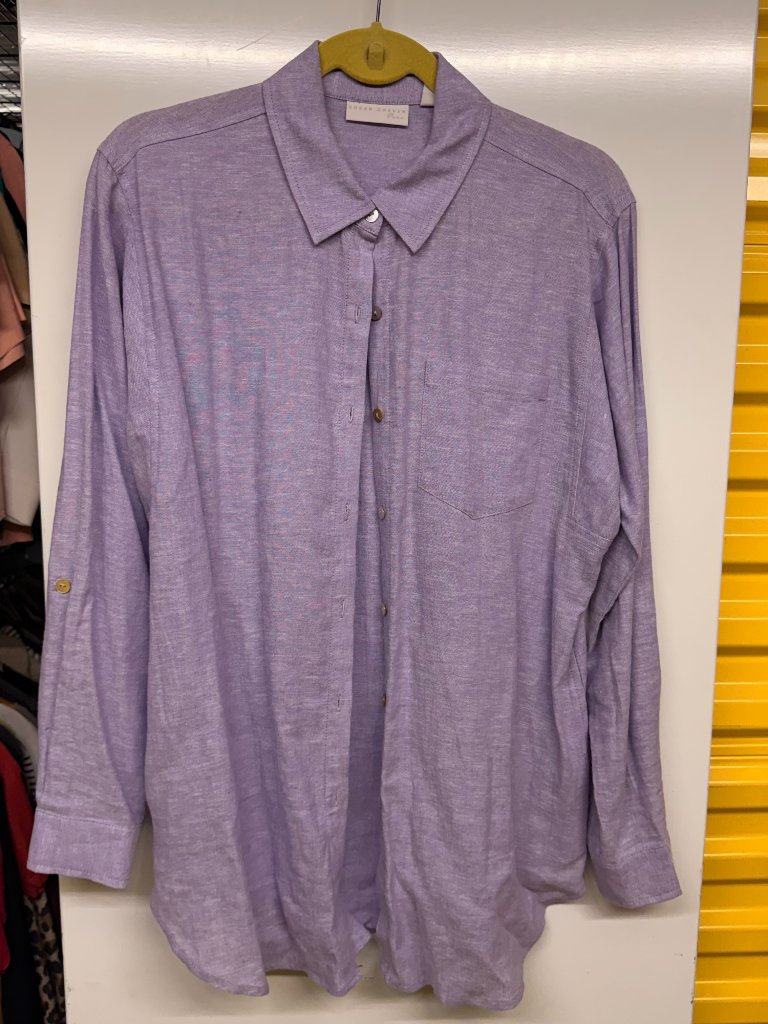 Susan Graver Pure Linen-Blend Long Sleeve Roll-Tab Shirt - Heathered Purple